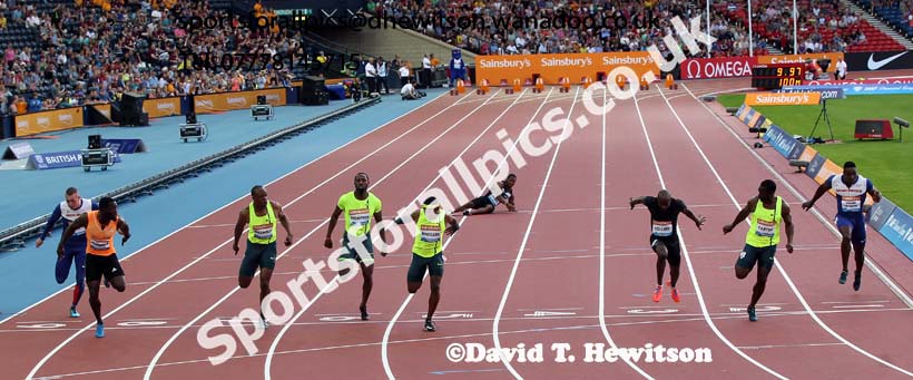 Nickel Ashmeade wins the 100 metres and Yohan Blake goes down at the Glasgow Diamond League. Photo: David T. Hewitson/Sports for All Pics